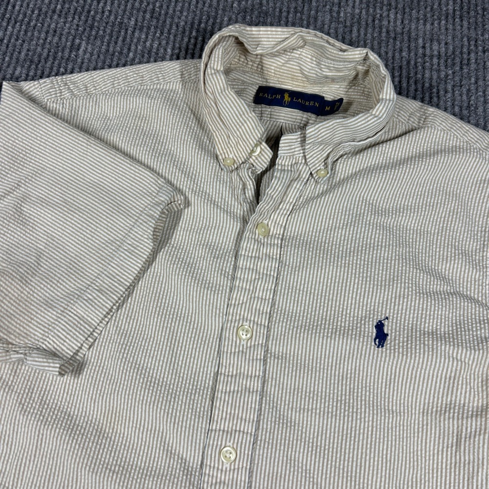 Ralph Lauren Shirt Men's M Tan White Striped Seersucker Short Sleeve Button Down